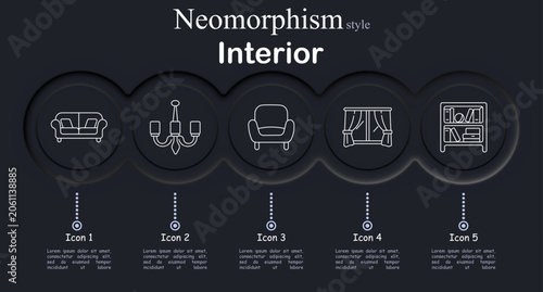 Neumorphism Interior Icons Set with Sofa Chandelier Armchair Window Shelf Dark UI Line Vector illustration
