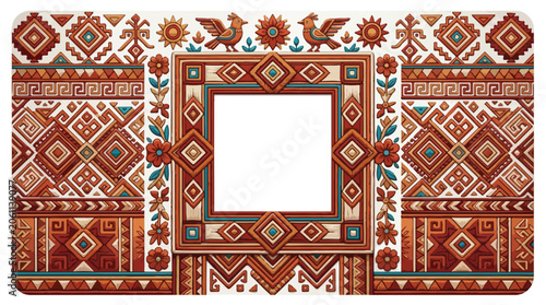 Mexican Folk Art Frame with Oaxacan Textile Patterns Geometric Zapotec Ornaments and Bird Illustrations for Greeting Cards and Invitations Background