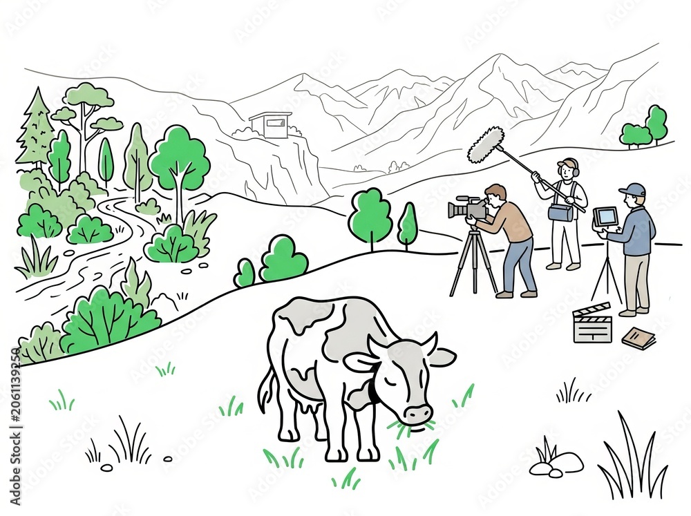 Naklejka premium Whimsical illustration of farmers working in a lush mountainous village landscape.