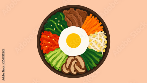 Bild auf Leinwand Vibrant Korean Bibimbap served in a bowl with a sunny-side-up egg and colorful v