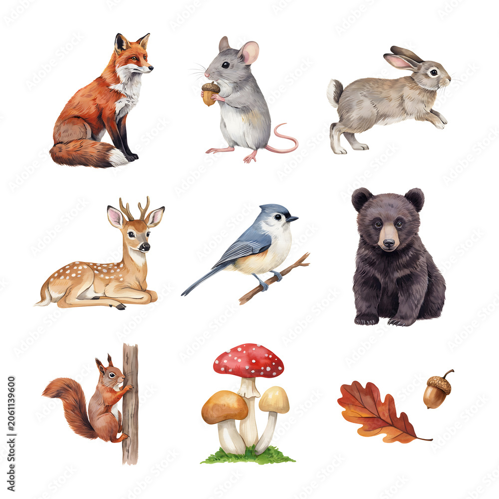 Fototapeta premium Forest animals including a fox, mouse, rabbit, deer, bird, bear, and squirrel appear as a decorative collection of woodland creatures arranged on a clean white background.