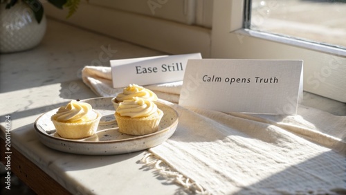 Two Delicious Cupcakes with Creamy Frosting and Inspirational Quotes on a Bright Sunny Table Setting
