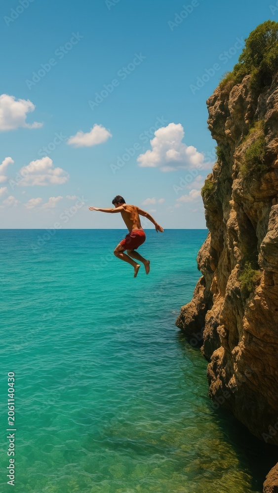 Naklejka premium Adventurous cliff jump ocean.