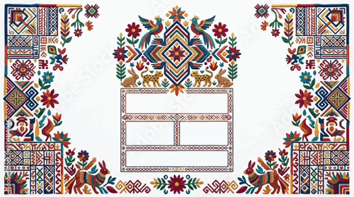 Colorful Mexican folk art frame with Oaxaca textile patterns featuring birds jaguars rabbits and flowers in a traditional embroidery style vector illustration