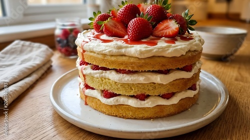 A delicious threelayer sponge cake topped with fresh strawberries and whipped cream, sitting on a wooden table in a bright kitchen setting