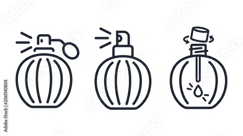 Simple line art icons showing perfume bottle spray and refill process
