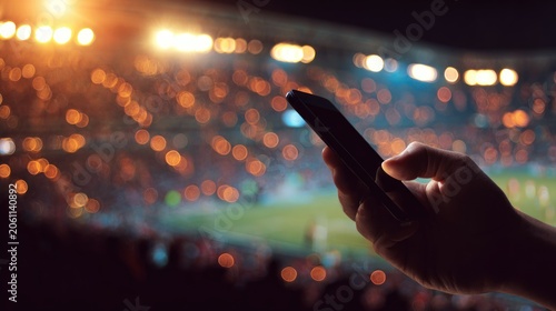 Person interacts with a mobile device while attending an illuminated sports event.