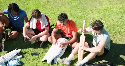 Cricket bats and ball resting on grass field, towel, smartphone suggesting practice break