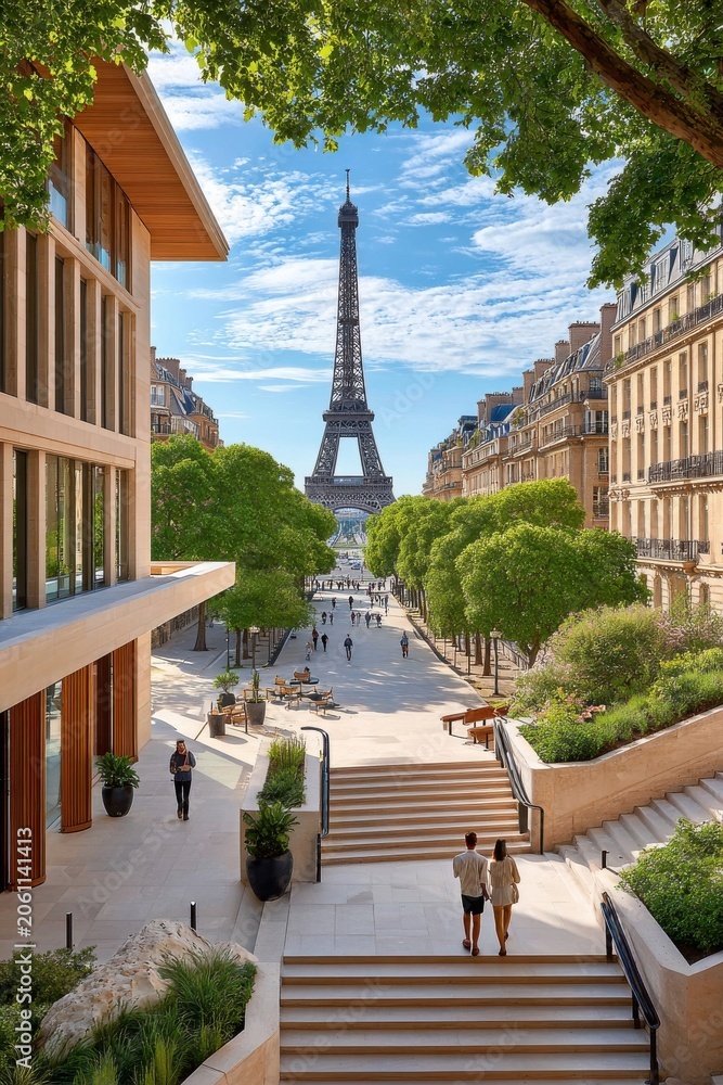 Fototapeta premium Couple walking down tree-lined promenade with Eiffel Tower framed by Parisian architecture