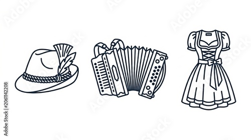 Traditional Bavarian hat, accordion, and dress icons representing Oktoberfest celebration
