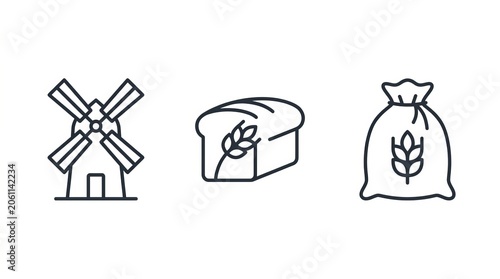 Simple line icons representing the journey from grain to bread, featuring a windmill, loaf, and flour sack.