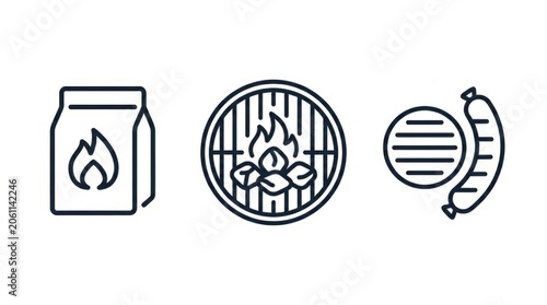 Simple vector icons representing charcoal, a barbecue grill with flames, and a sausage.