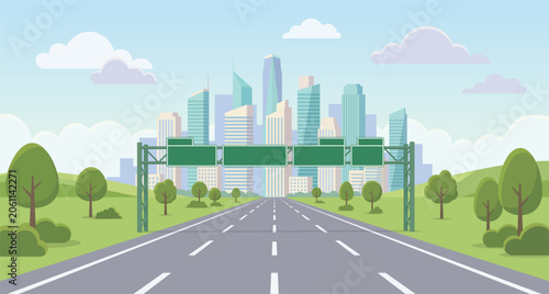Highway road leading to big city skyline, straight asphalt roadway with blank green traffic signs, flat vector illustration