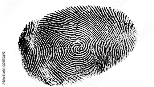 Fotografía Black fingerprint with spiral pattern on white