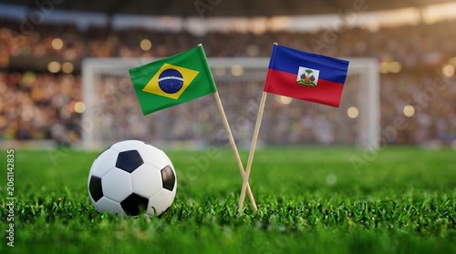 Brazil and Haiti Flags with Soccer Ball on Stadium Field