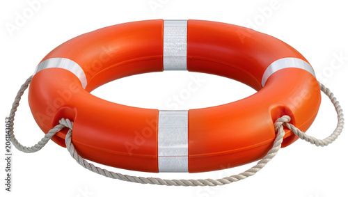 Bild auf Leinwand Orange life preserver ring with reflective bands and rope