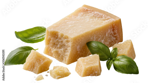 Foto Parmesan cheese chunks and basil leaves