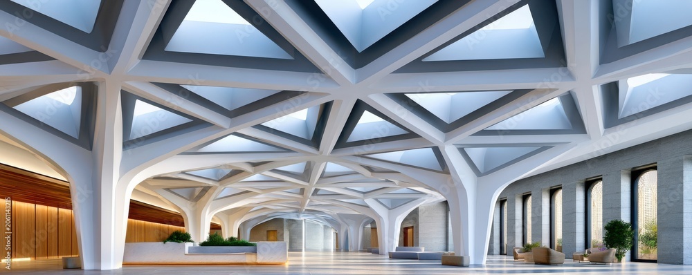 Naklejka premium Modern white and gray vaulted atrium with geometric skylights and minimal lounge seating