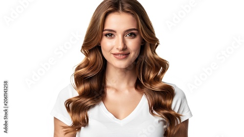 Smiling young woman with long wavy hair on white background