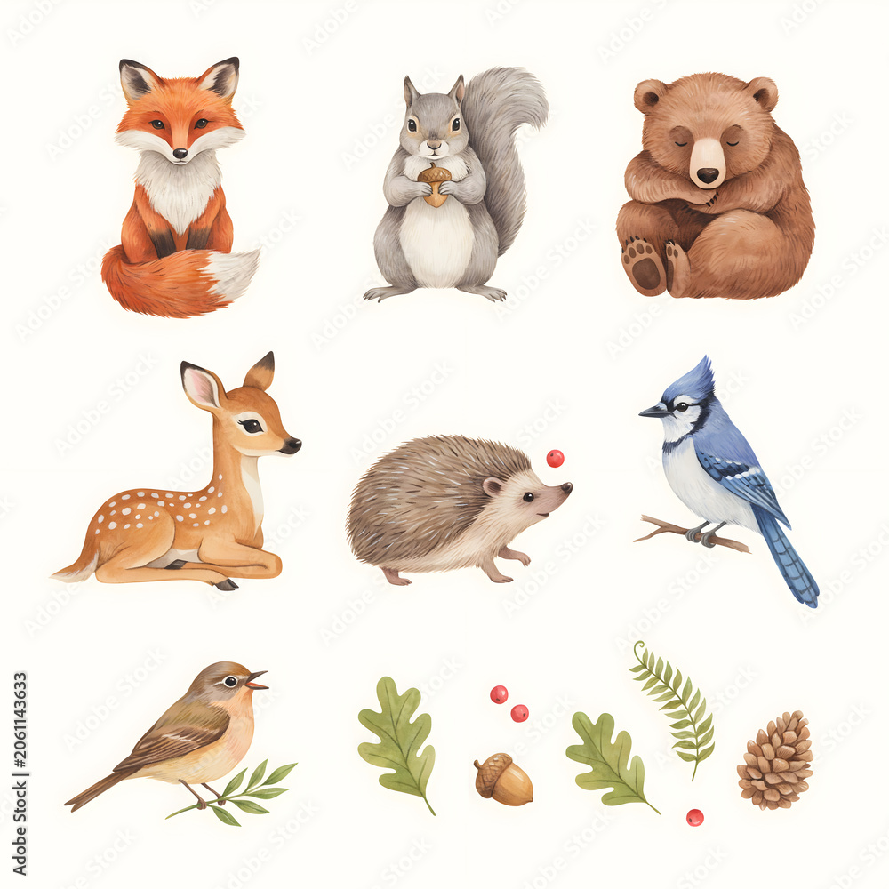 Fototapeta premium Woodland collection features a fox, squirrel, bear, deer, hedgehog, birds, and forest foliage in a detailed watercolor composition.