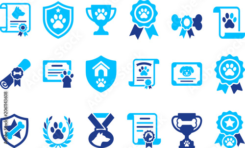 dog award icons set for certificates trophies and ribbons with paw prints and bone.