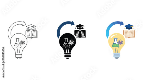 Schilderij op canvas Lightbulb with beaker and atom connected by arrow to graduation cap and books sy