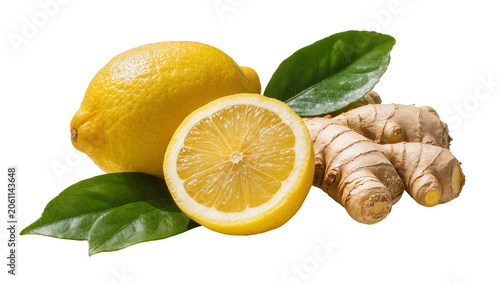 Canvastavla Whole lemon half lemon and ginger root with green leaves