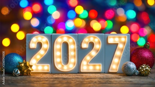 Illuminated numerals signifying the forthcoming year rest upon a wooden surface with colorful holiday decorations in the background.