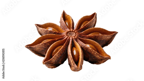 Single star anise spice pod with visible seeds, isolated on transparent background