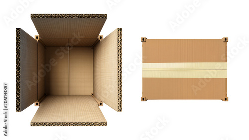 Foto Open cardboard box with flaps extended and closed box with tape