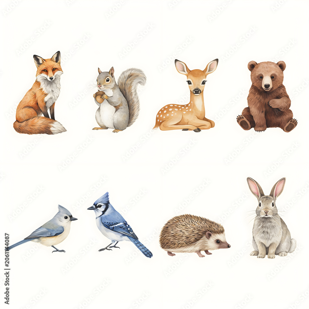 Fototapeta premium Wildlife collection featuring a fox, squirrel, deer, bear, titmouse, blue jay, hedgehog, and rabbit is arranged in a decorative grid for nature-themed design projects.