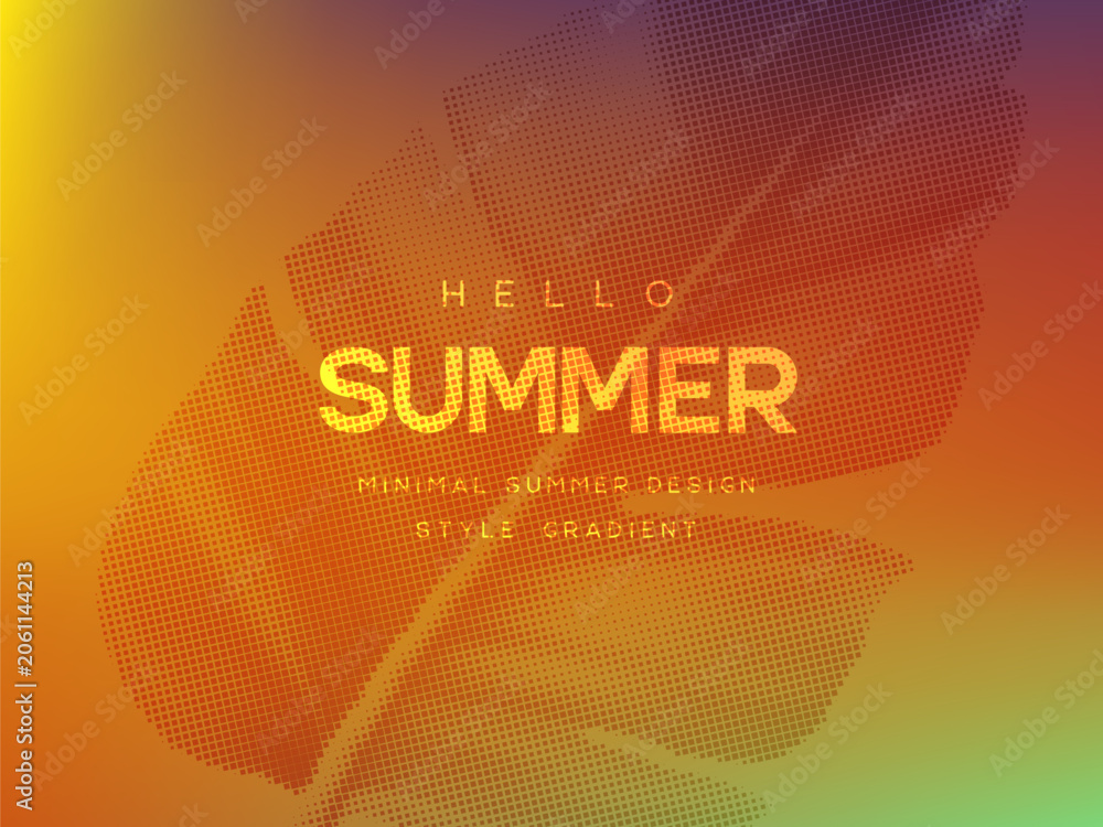 Fototapeta premium Vector summer gradient background with tropical leaves. Sunset and sunrise bright summer colors. Green, orange, purple, yellow. Covers, branding, poster, banner design.