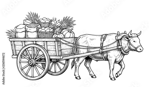 Quadro su tela Vintage Farm Cart Pulled by Ox Carrying Harvest Produce and Agricultural Goods