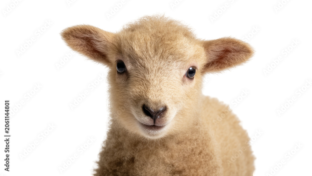Fototapeta premium Fluffy light brown lamb face with dark eyes, isolated on transparent background