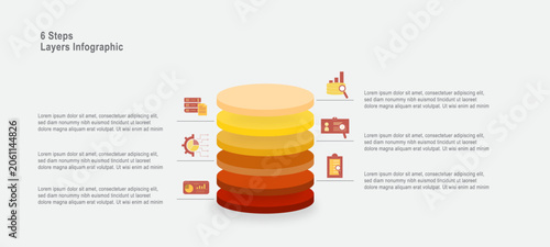 Modern 6 steps layers infographic vector featuring stacked circular segments with business analytics icons. Ideal for process visualization, workflow presentation, strategy planning, and data 