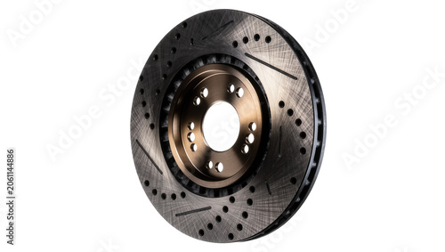 Perforated and slotted metal brake rotor with bronze hub, isolated on transparent background