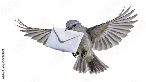 Tableau sur toile Gray bird flying with white envelope in beak