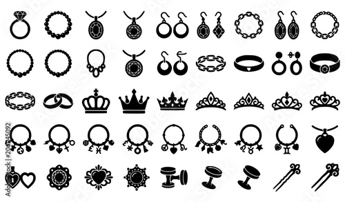 Jewelry Accessories Collection Featuring Rings Earrings Crowns Bracelets and Decorative Outline Icons