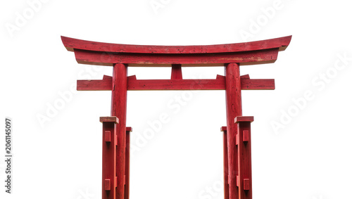 Foto Red wooden Japanese Torii gate structure