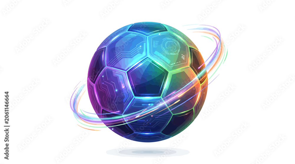 Naklejka premium Vibrant Glowing Soccer Ball with Dynamic Light Trails.