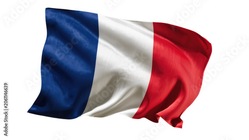 Waving French flag with blue white and red stripes, isolated on transparent background