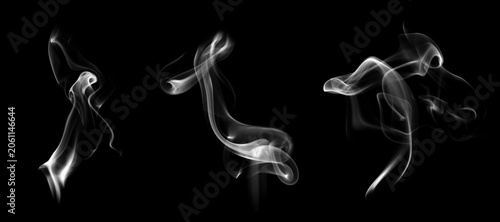 Fotografía Collection of realistic white smoke swirls and wisps isolated on a black background
