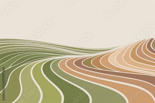 Stylized undulating fields with earthy tones and flowing contours depicting a serene landscape view modern abstract artwork