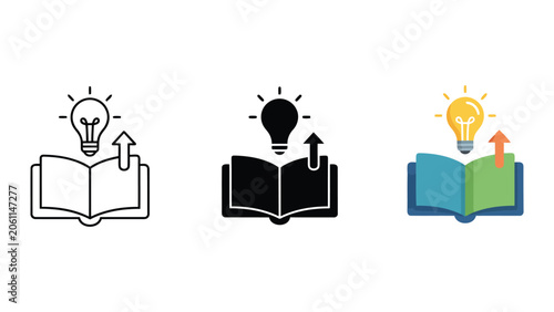 Idea generation knowledge acquisition innovation learning enlightenment open book lightbulb arrow creative thinking symbol