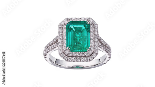 Emerald cut emerald ring with diamond halo, isolated on transparent background