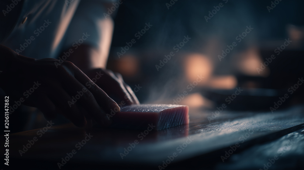 Fototapeta premium Cinematic Chef Preparing Fresh Tuna with Moody Kitchen Lighting