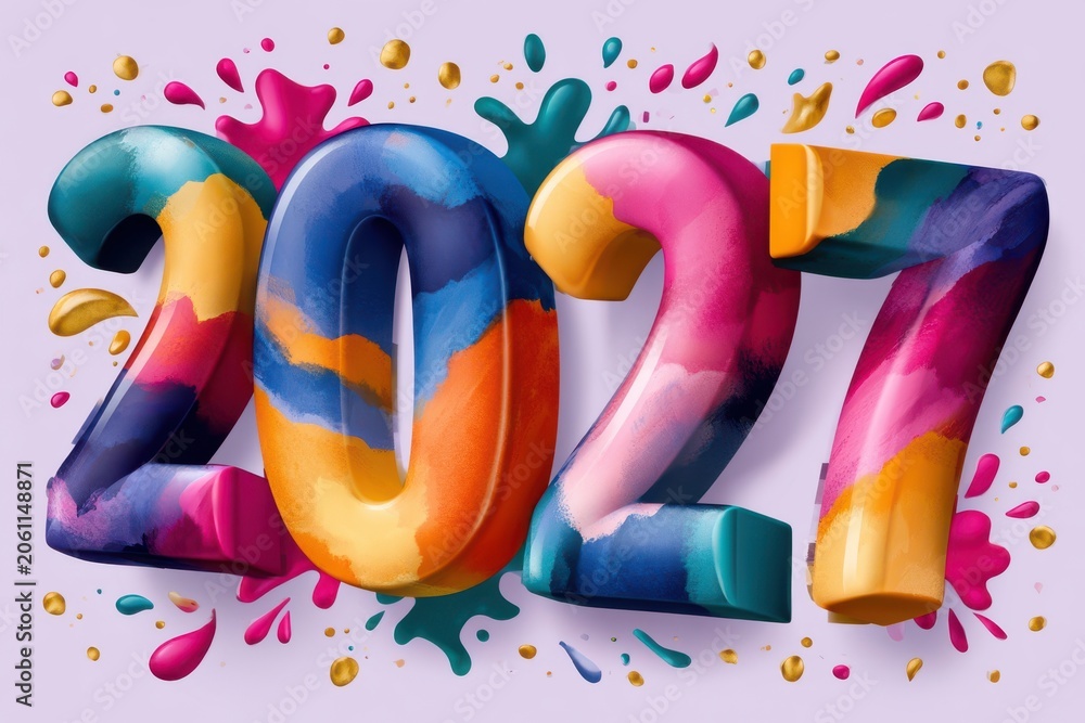 Obraz premium Colorful 3D 2027 numerals with vibrant paint splash celebrating the new year and future optimism
