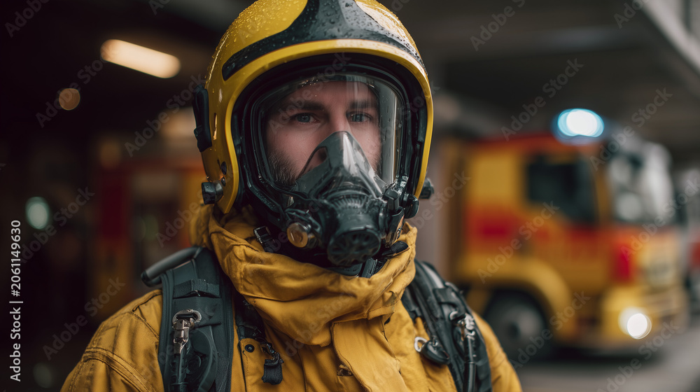 Fototapeta premium Firefighter wearing protective breathing equipment standing inside a fire station ready for emergency response rescue operations and safety training