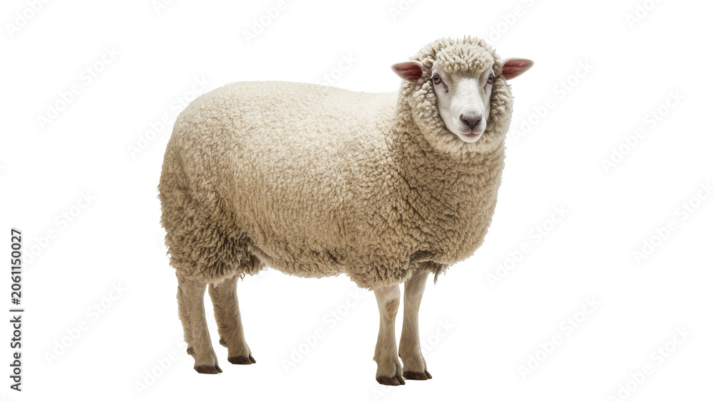 Fototapeta premium Woolly sheep standing on white surface