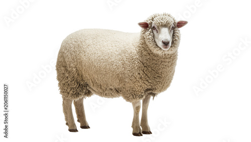 Foto Woolly sheep standing on white surface